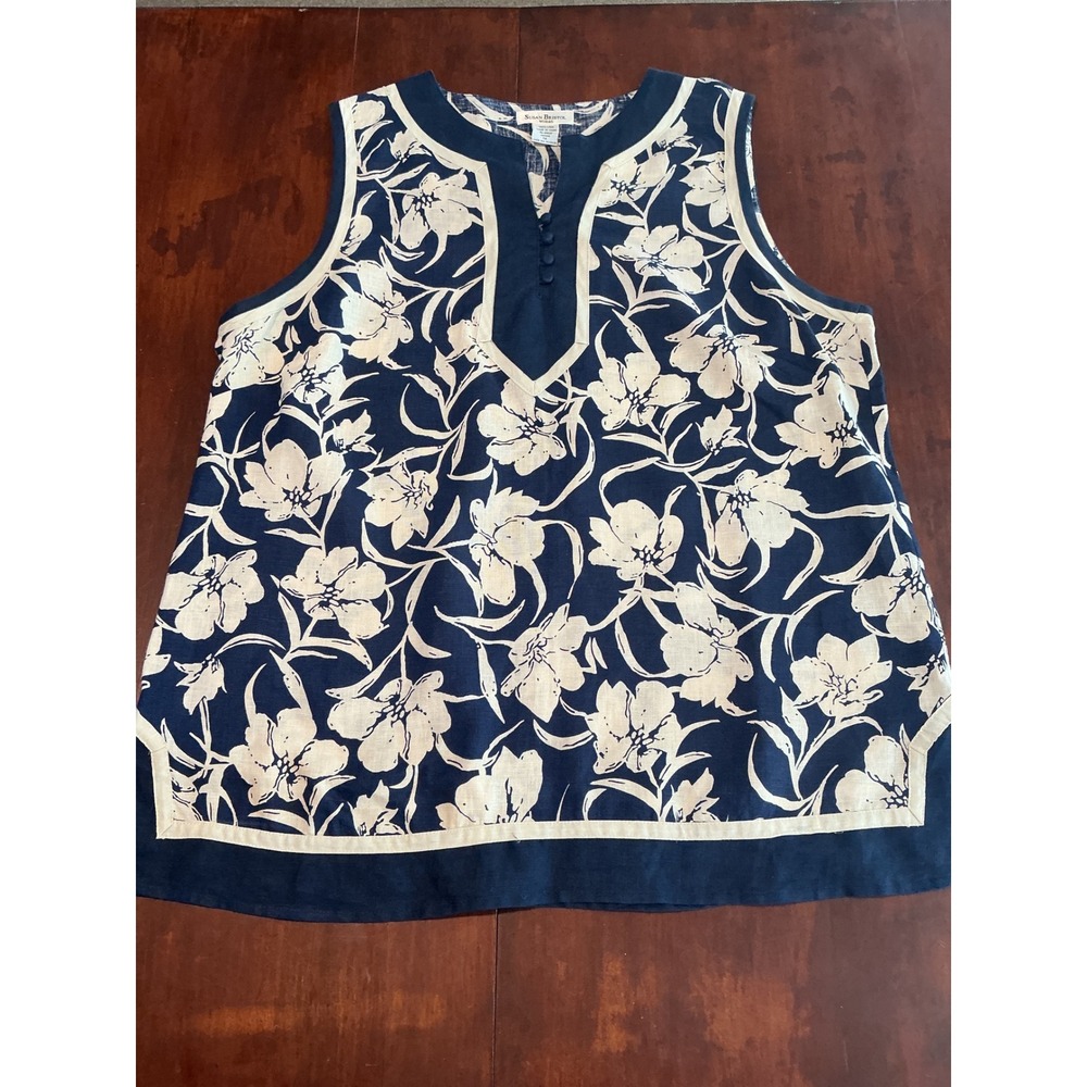 Susan Bristol Woman Navy Blue Floral 100% Linen Sleeveless Blouse Top 1X